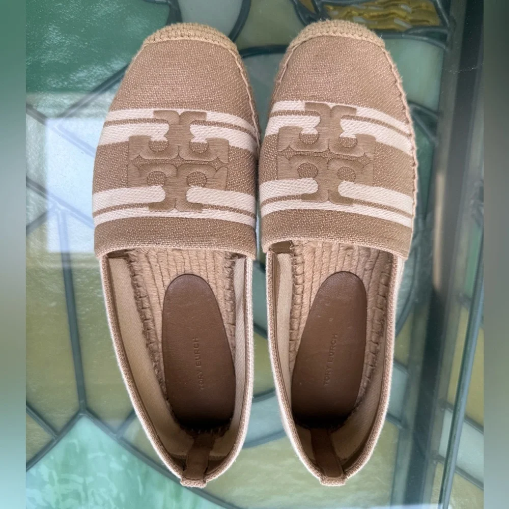 Tory Burch Double T Jacquard Beige and White Espadrilles 10